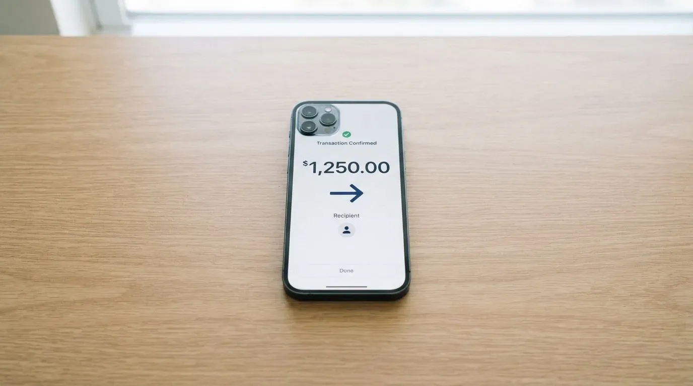 A phone showing a stablecoin transfer screen