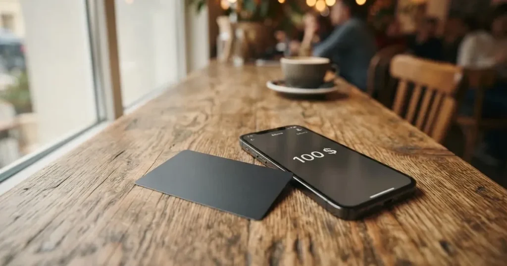 A payment card next to a phone with a crypto wallet app open