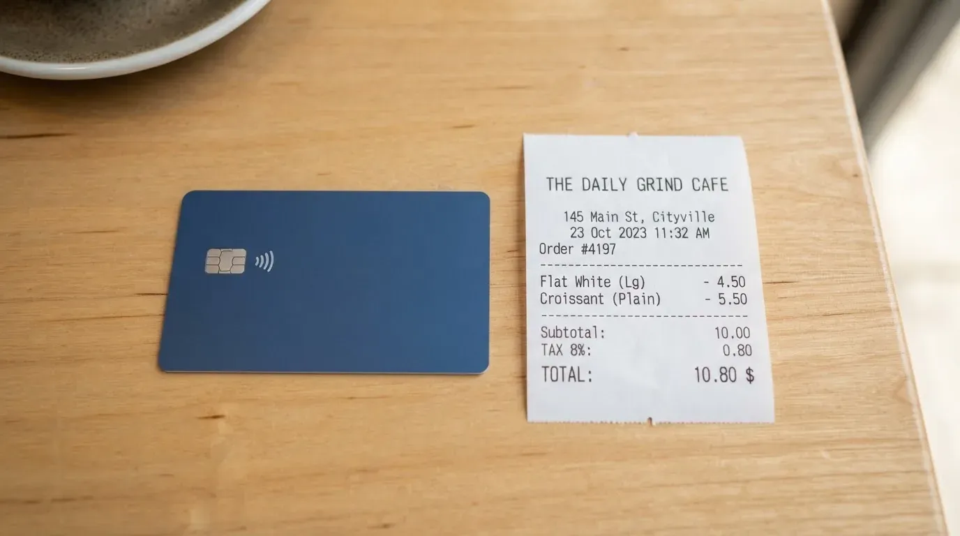 A receipt and a card on a café table
