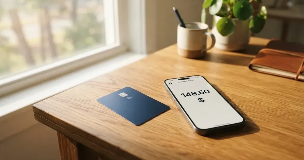 A payment card next to a phone with a crypto wallet app open