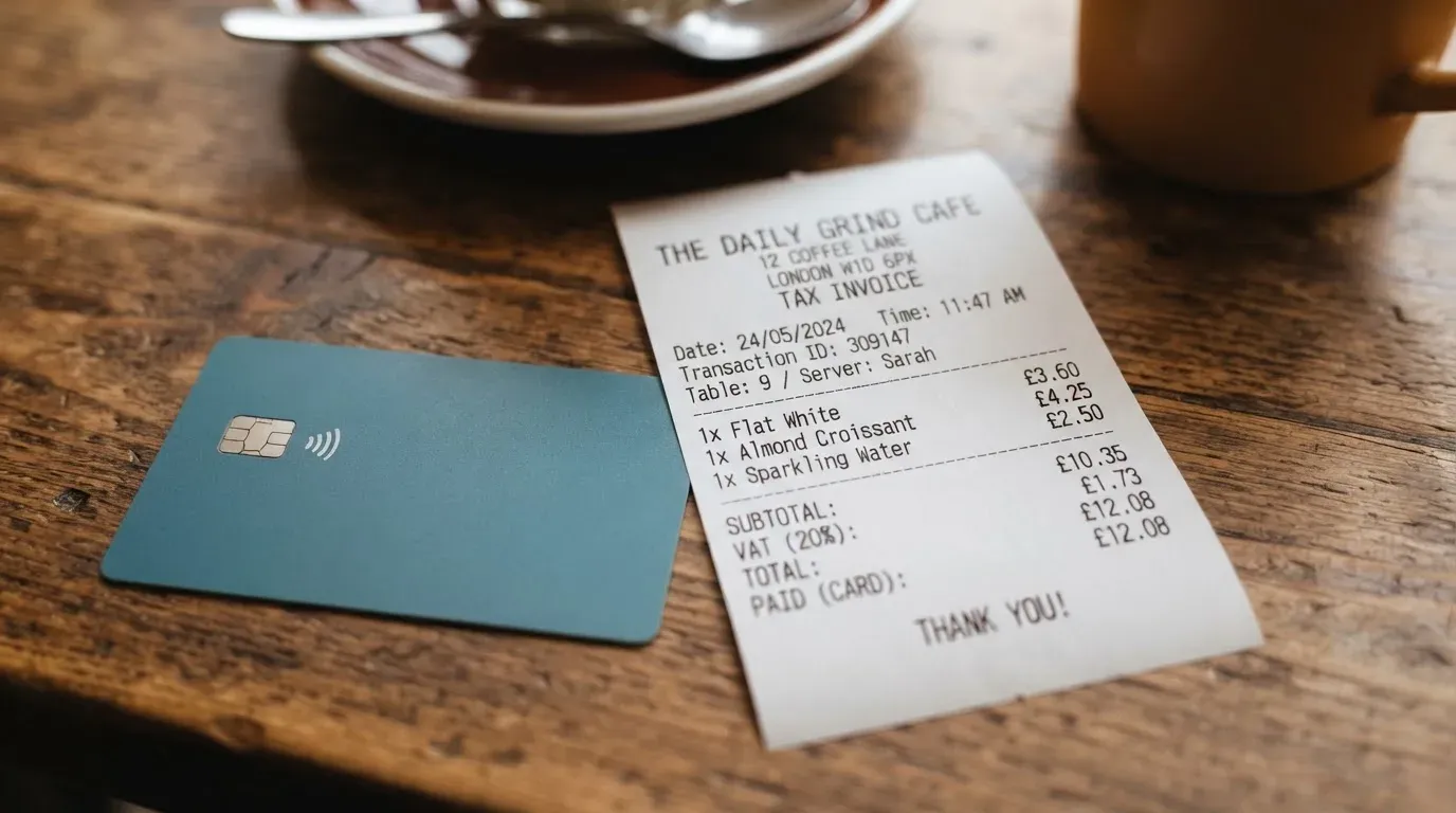 A receipt and a card on a café table