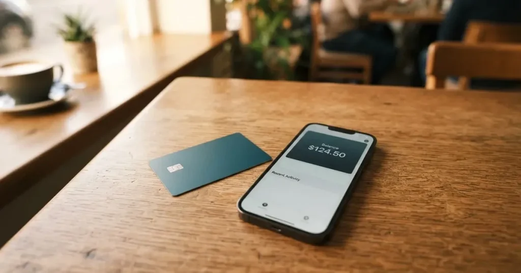 A payment card next to a phone with a crypto wallet app open