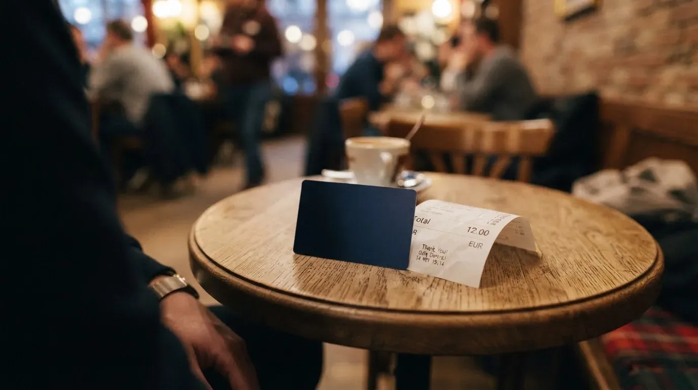 A receipt and a card on a café table