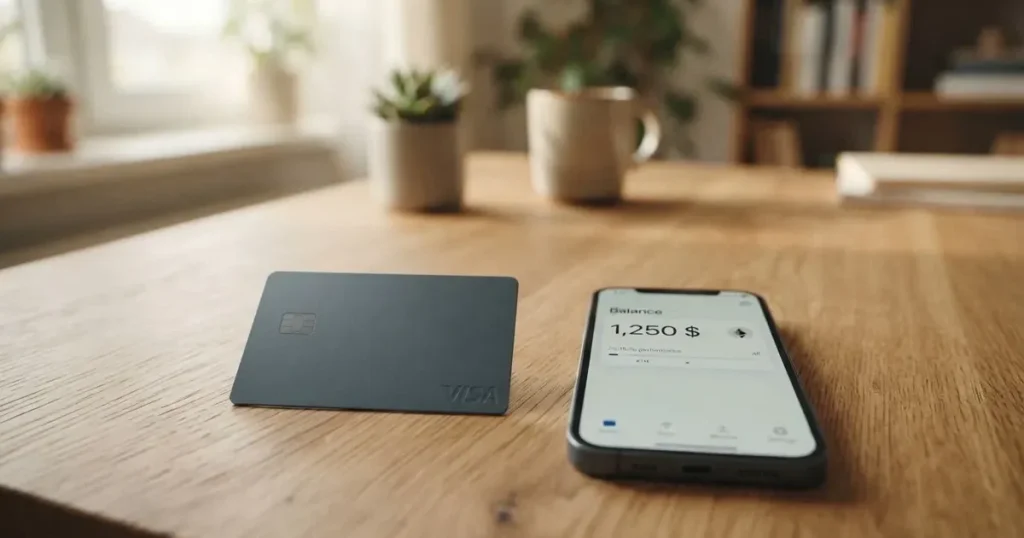 A payment card next to a phone with a crypto wallet app open