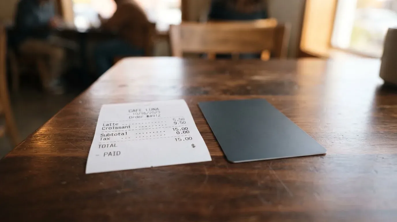 A receipt and a card on a café table