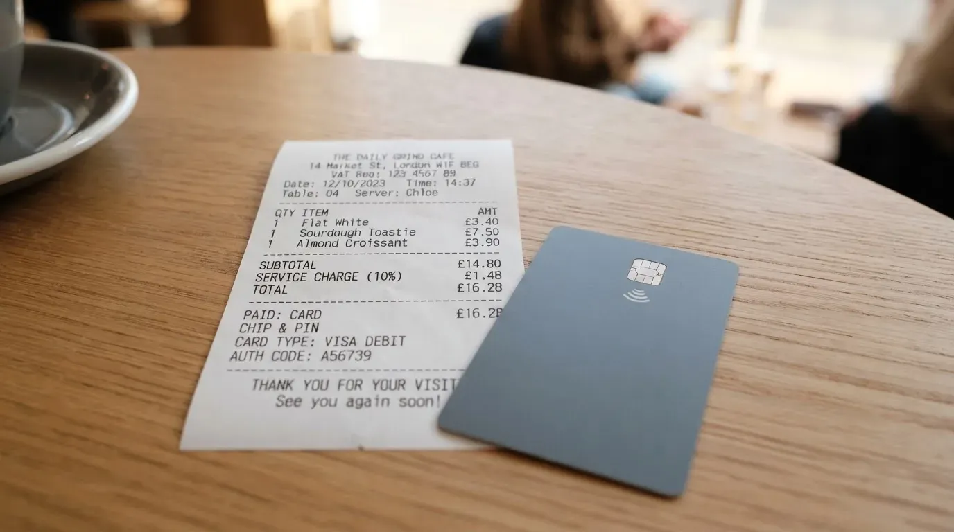A receipt and a card on a café table