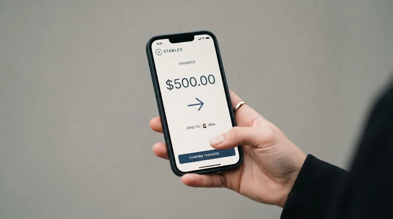 A phone showing a stablecoin transfer screen