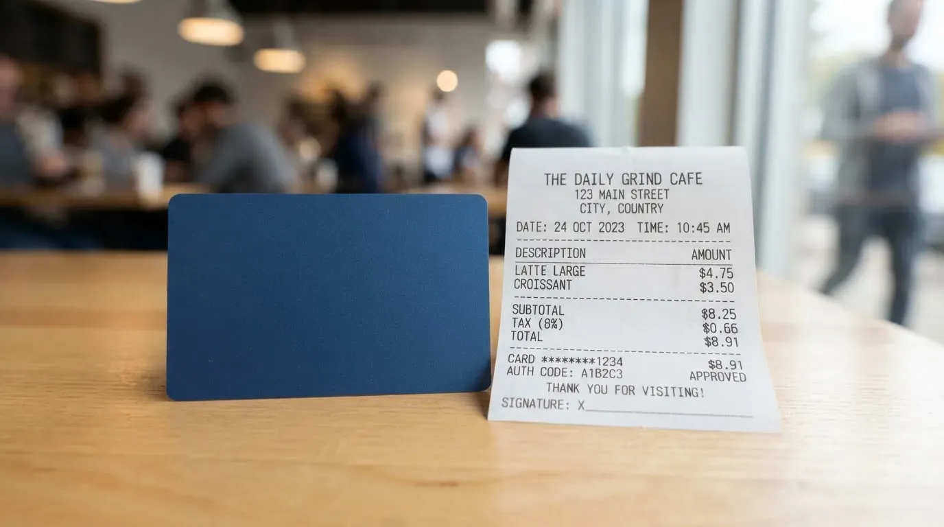 A receipt and a card on a café table