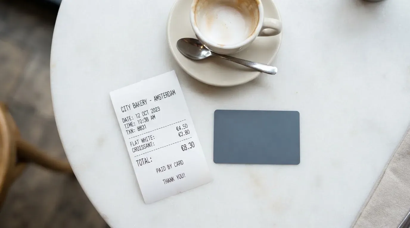 A receipt and a card on a café table