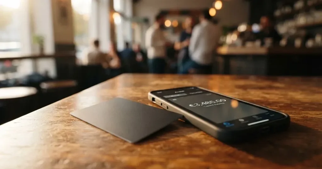 A payment card next to a phone with a crypto wallet app open