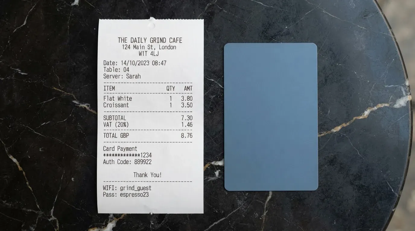 A receipt and a card on a café table