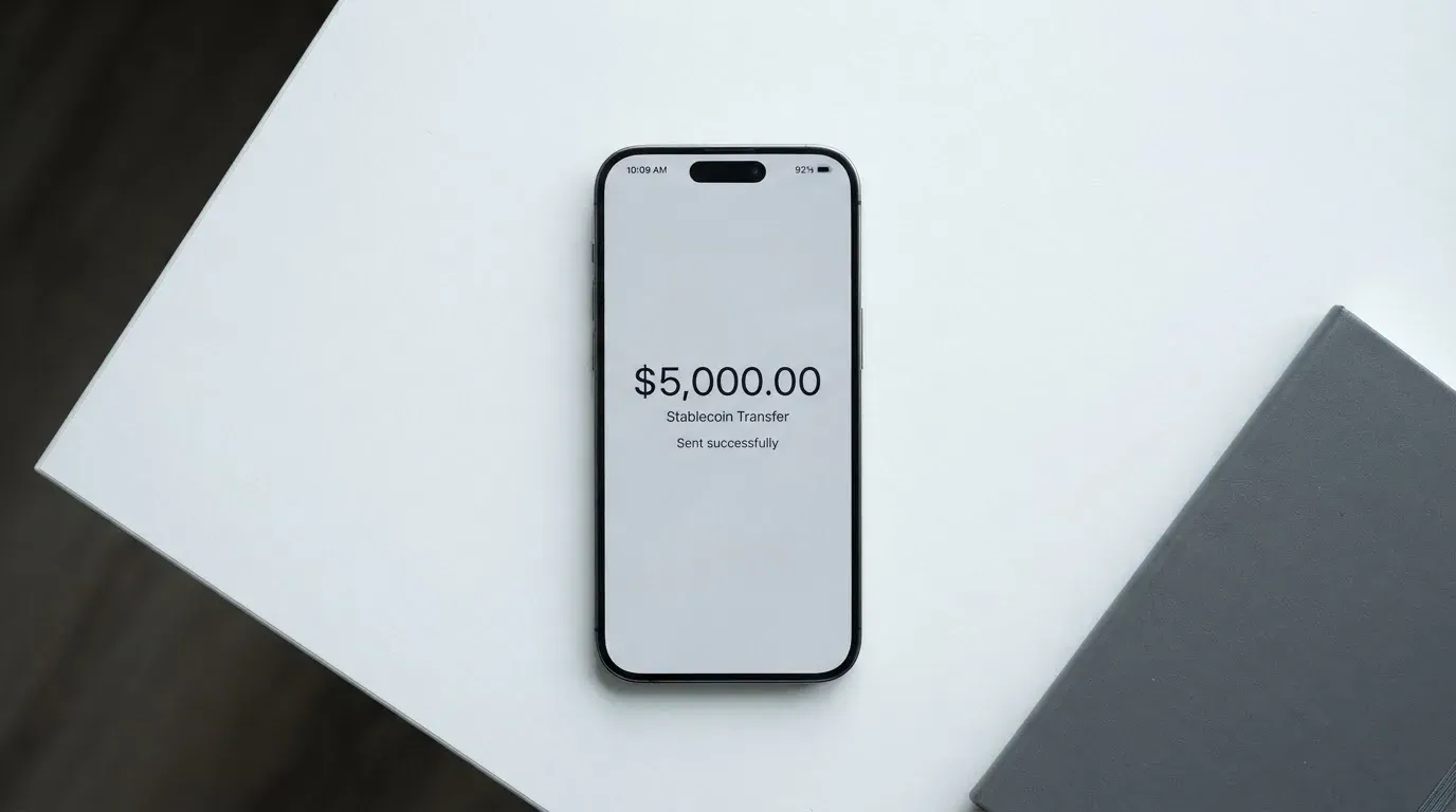 A phone showing a stablecoin transfer screen