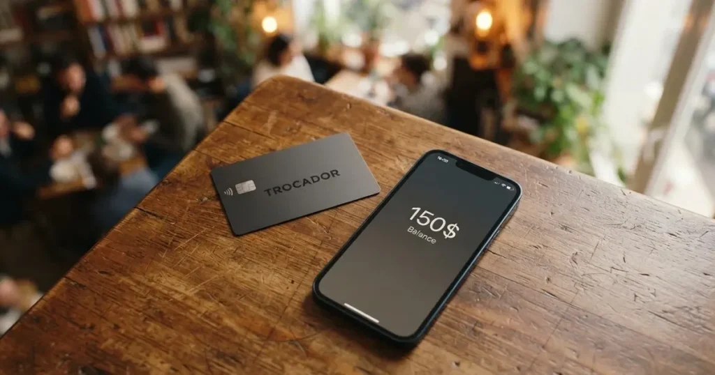 A payment card next to a phone with a crypto wallet app open