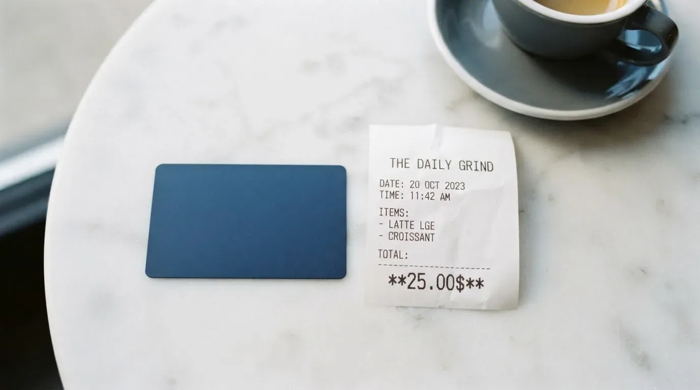 A receipt and a card on a café table
