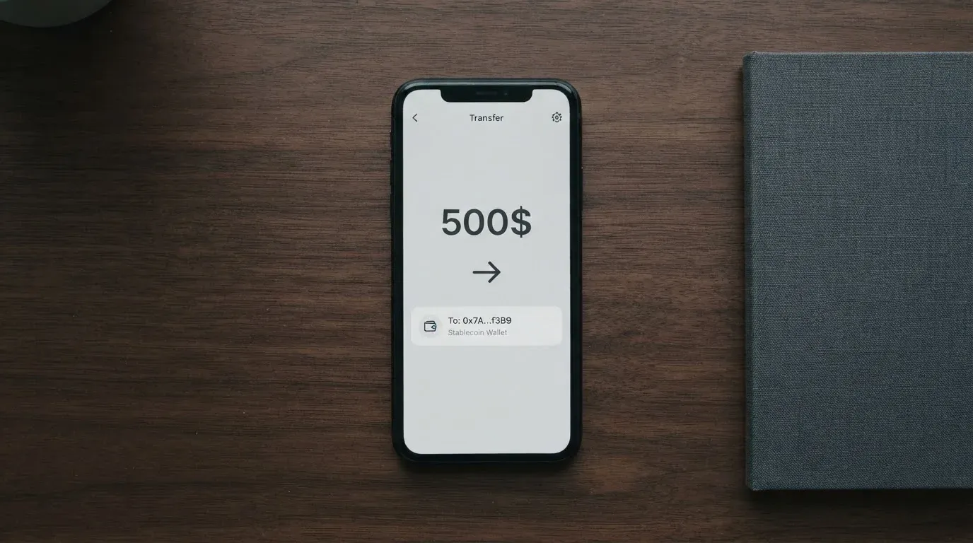 A phone showing a stablecoin transfer screen