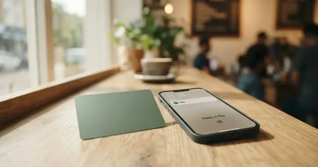 A payment card next to a phone with a crypto wallet app open