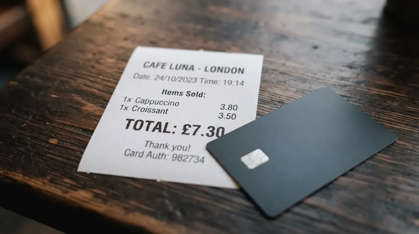 A receipt and a card on a café table