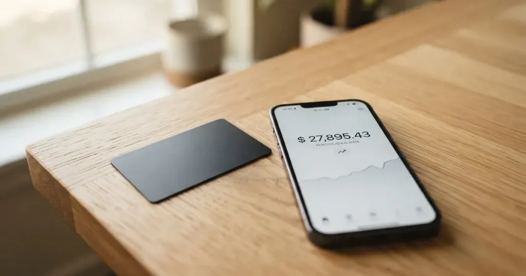 A payment card next to a phone with a crypto wallet app open