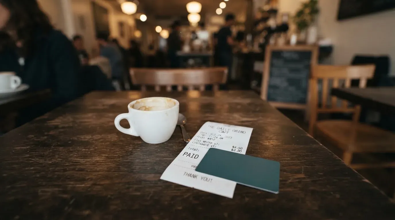 A receipt and a card on a café table