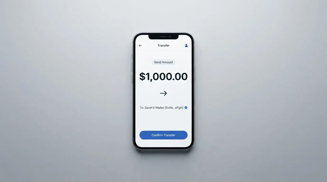 A phone showing a stablecoin transfer screen