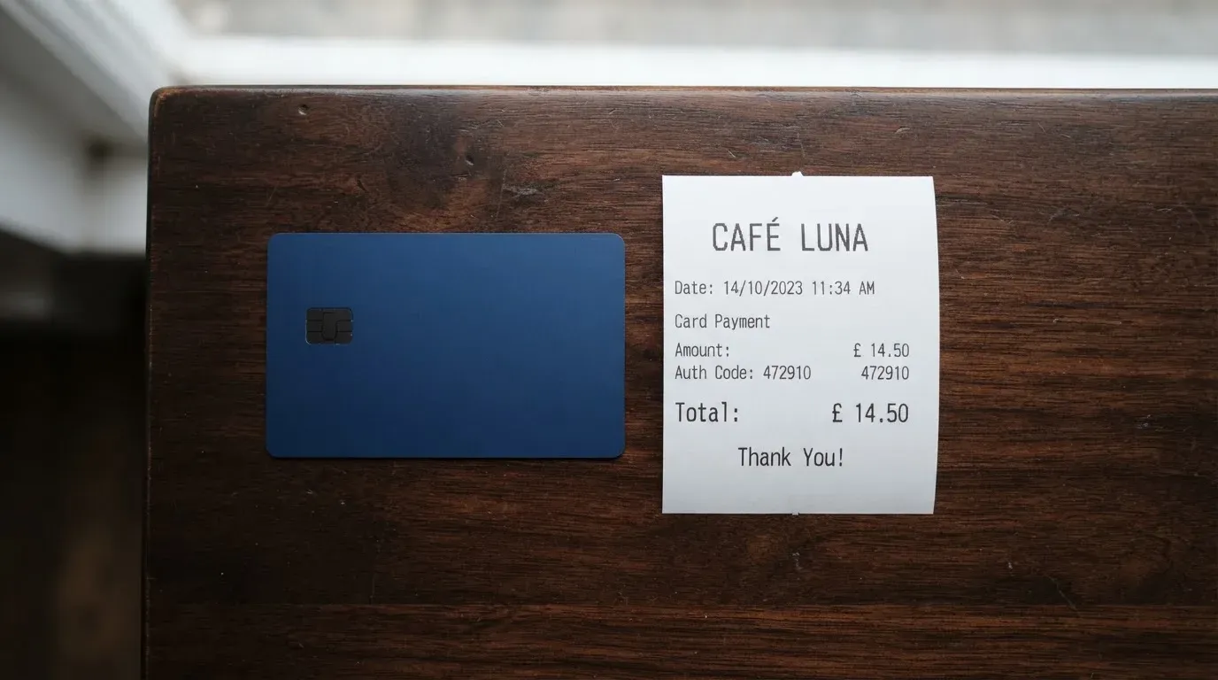 A receipt and a card on a café table