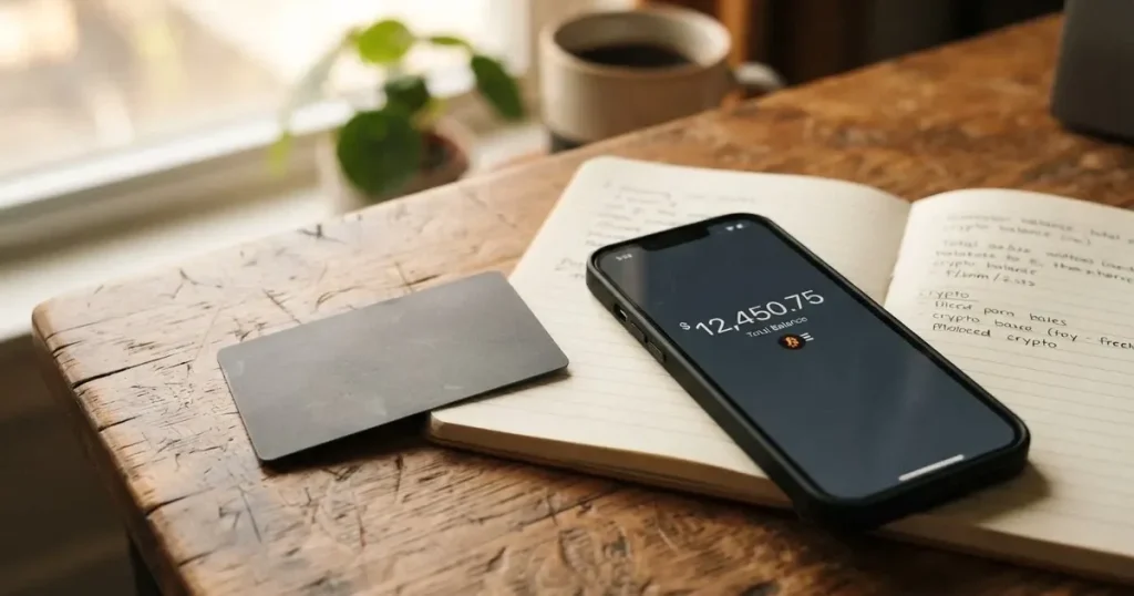 A payment card next to a phone with a crypto wallet app open