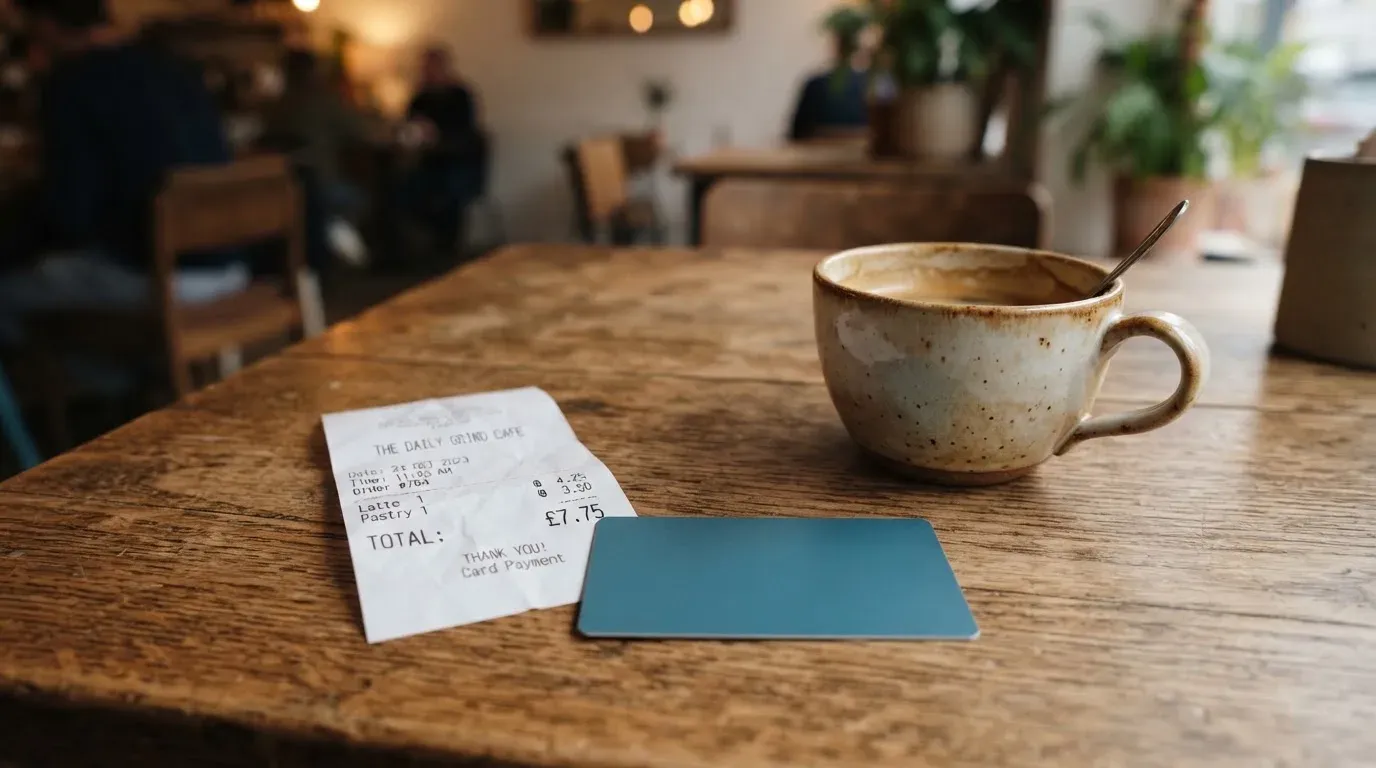 A receipt and a card on a café table
