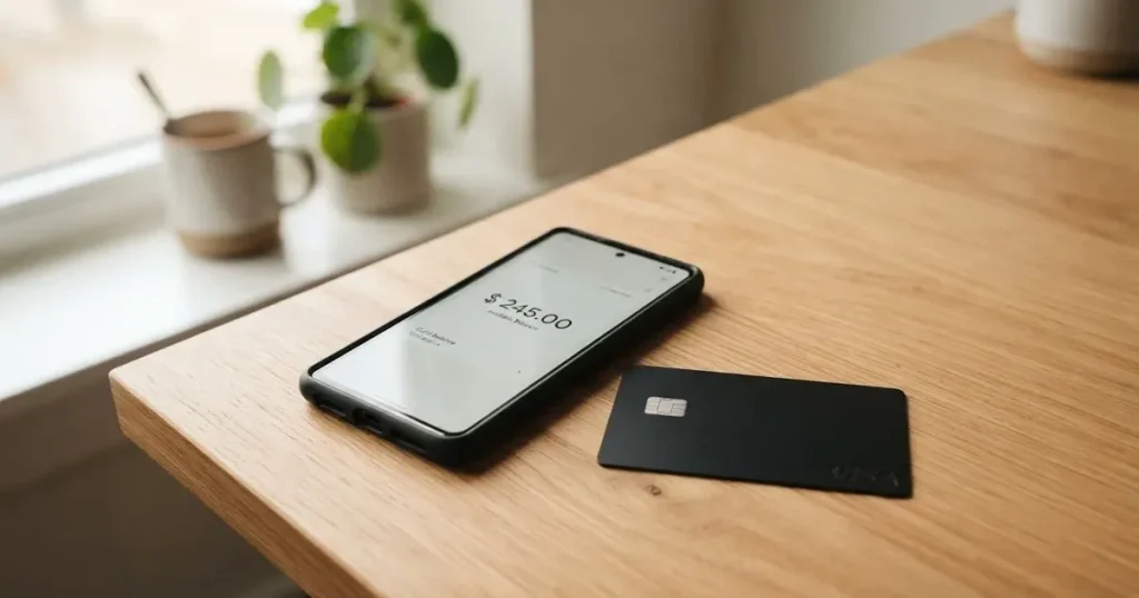 A payment card next to a phone with a crypto wallet app open