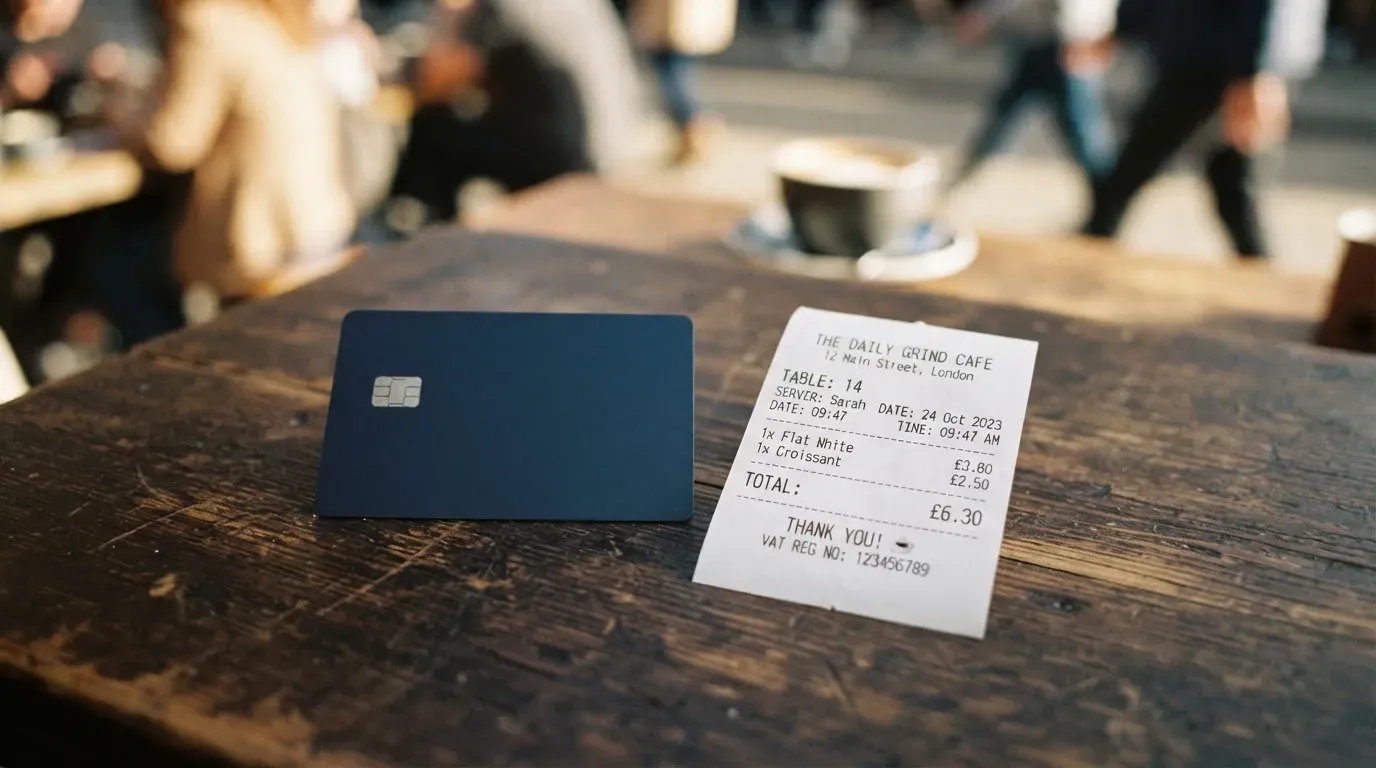 A receipt and a card on a café table