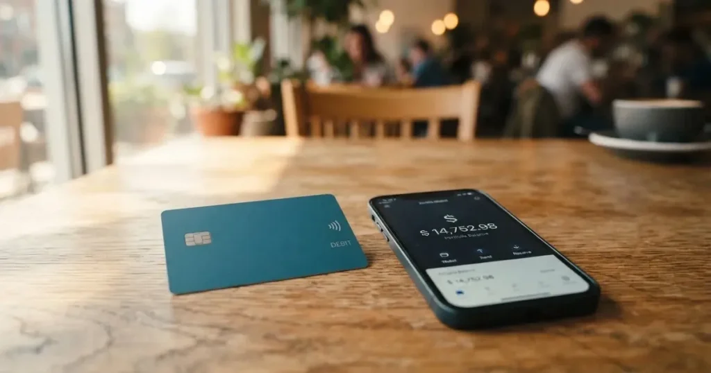 A payment card next to a phone with a crypto wallet app open