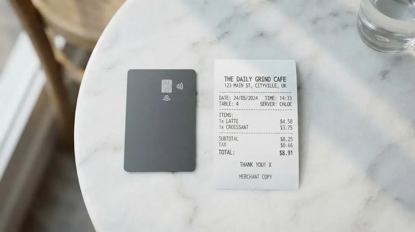 A receipt and a card on a café table