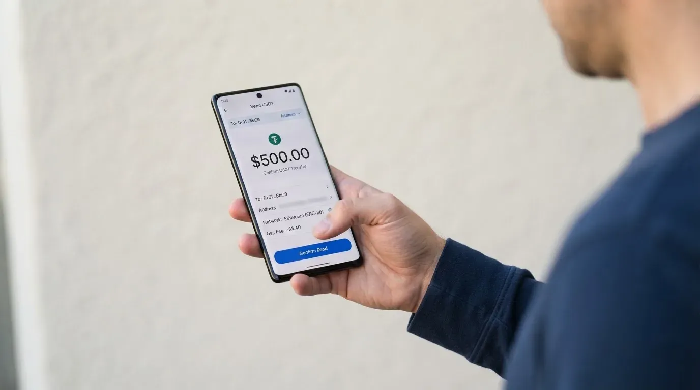 A phone showing a stablecoin transfer screen