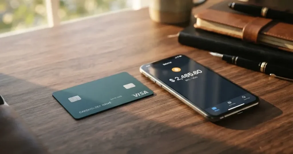 A payment card next to a phone with a crypto wallet app open