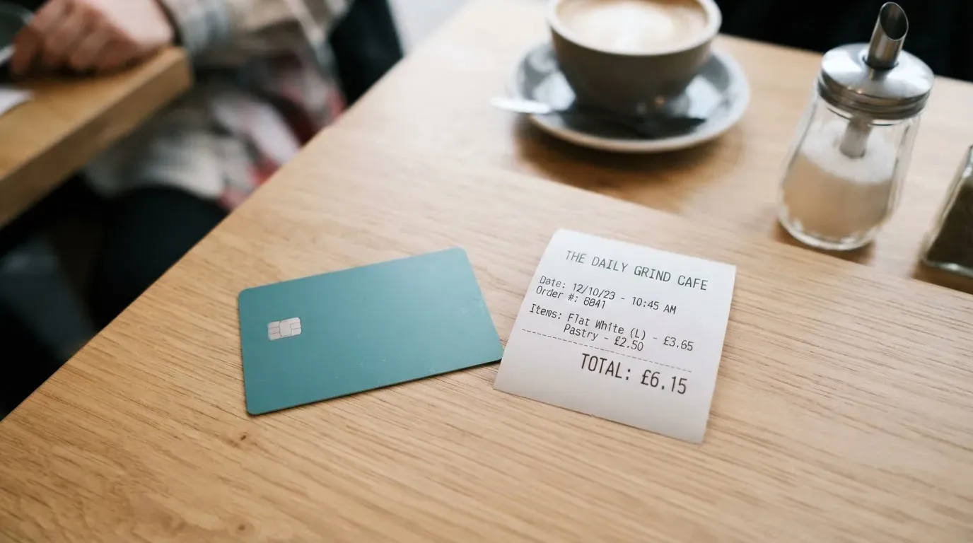 A receipt and a card on a café table