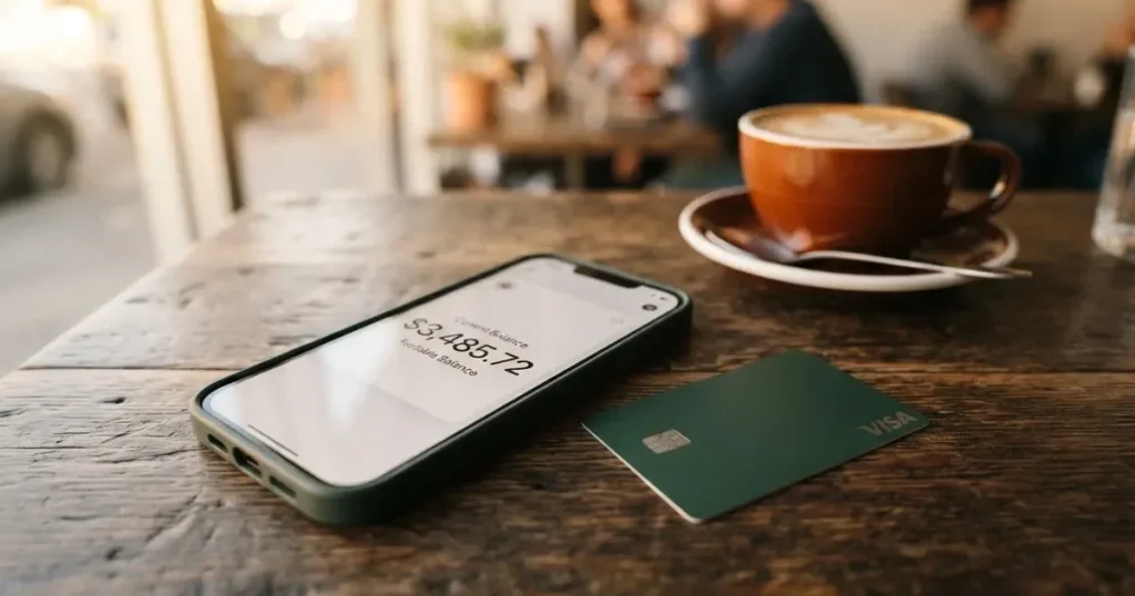 A payment card next to a phone with a crypto wallet app open