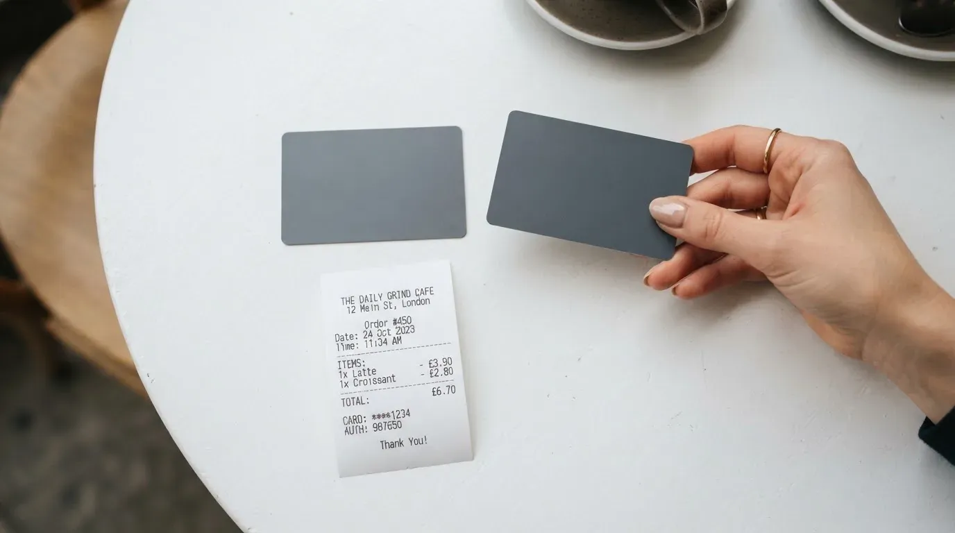 A receipt and a card on a café table