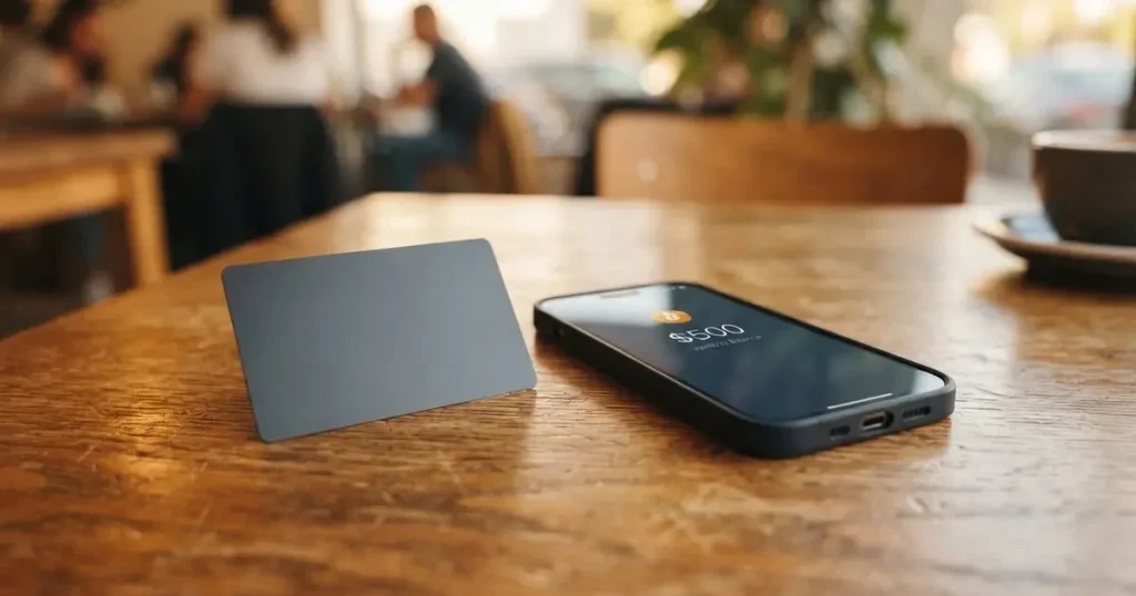 A payment card next to a phone with a crypto wallet app open