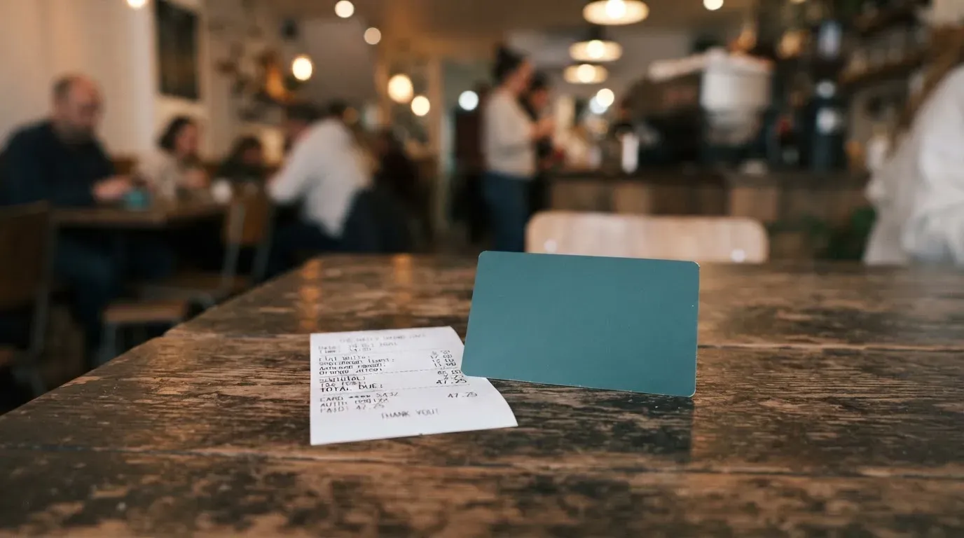 A receipt and a card on a café table