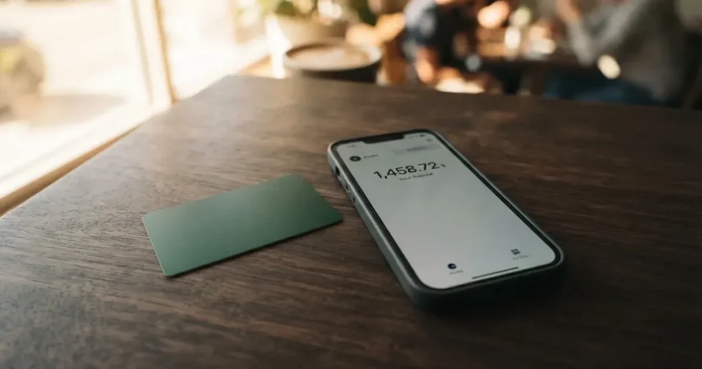 A payment card next to a phone with a crypto wallet app open
