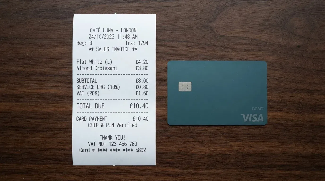 A receipt and a card on a café table