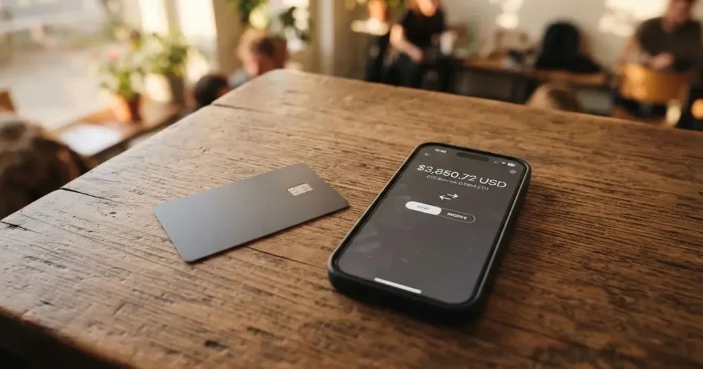 A payment card next to a phone with a crypto wallet app open