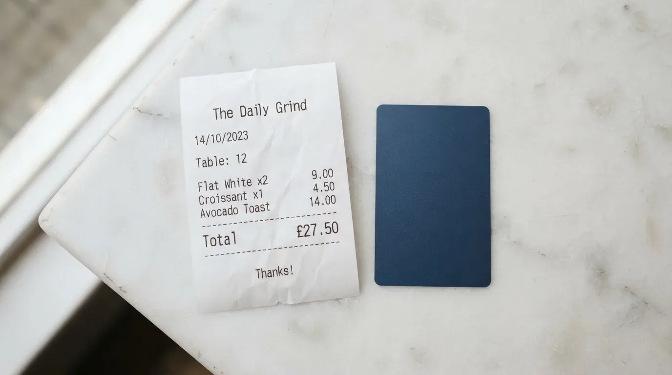 A receipt and a card on a café table