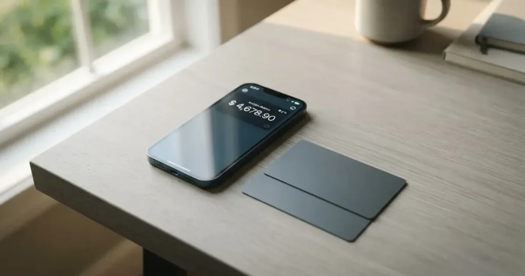 A payment card next to a phone with a crypto wallet app open