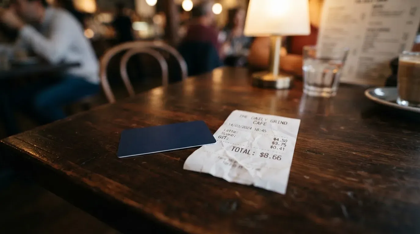 A receipt and a card on a café table