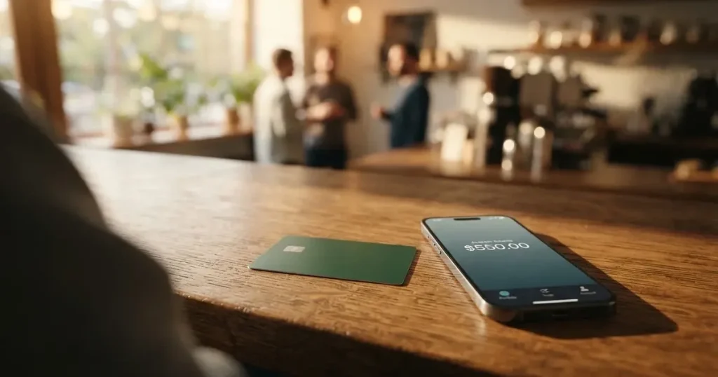A payment card next to a phone with a crypto wallet app open