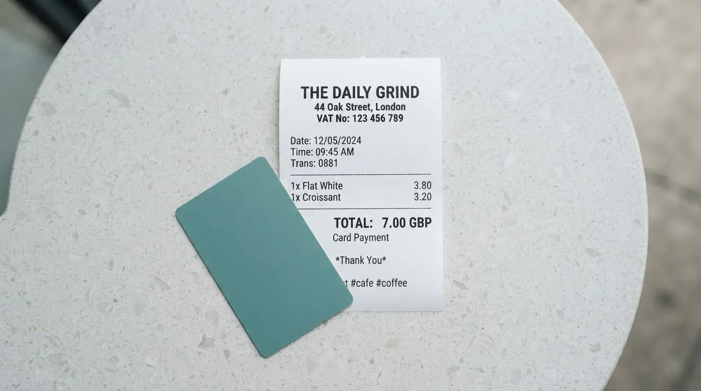 A receipt and a card on a café table