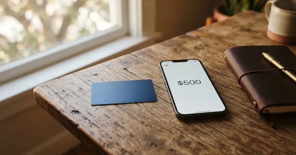 A payment card next to a phone with a crypto wallet app open