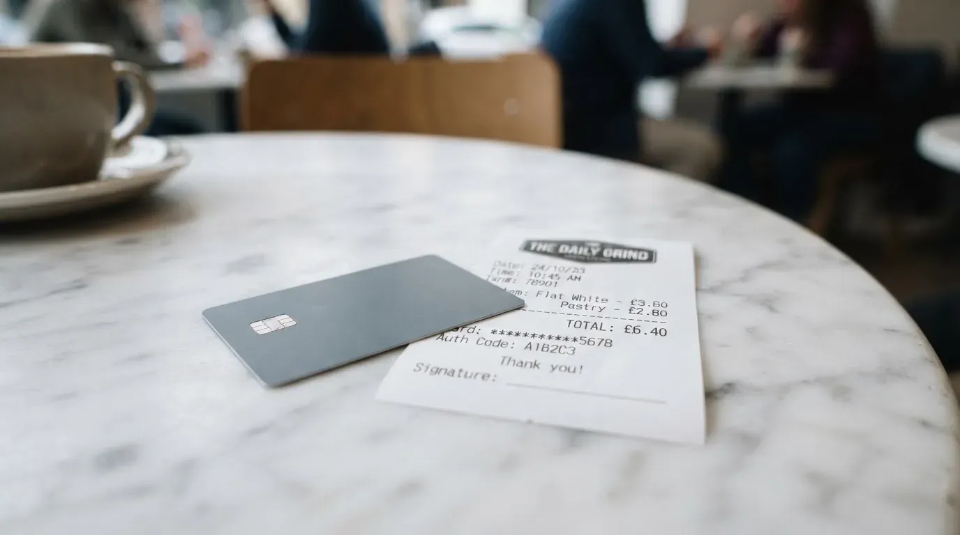A receipt and a card on a café table
