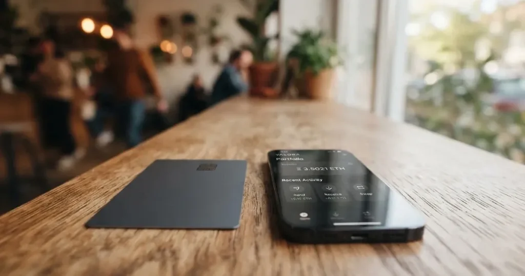 A payment card next to a phone with a crypto wallet app open