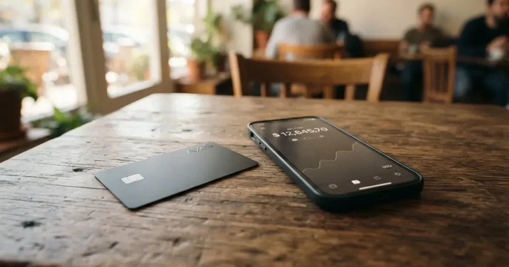 A payment card next to a phone with a crypto wallet app open